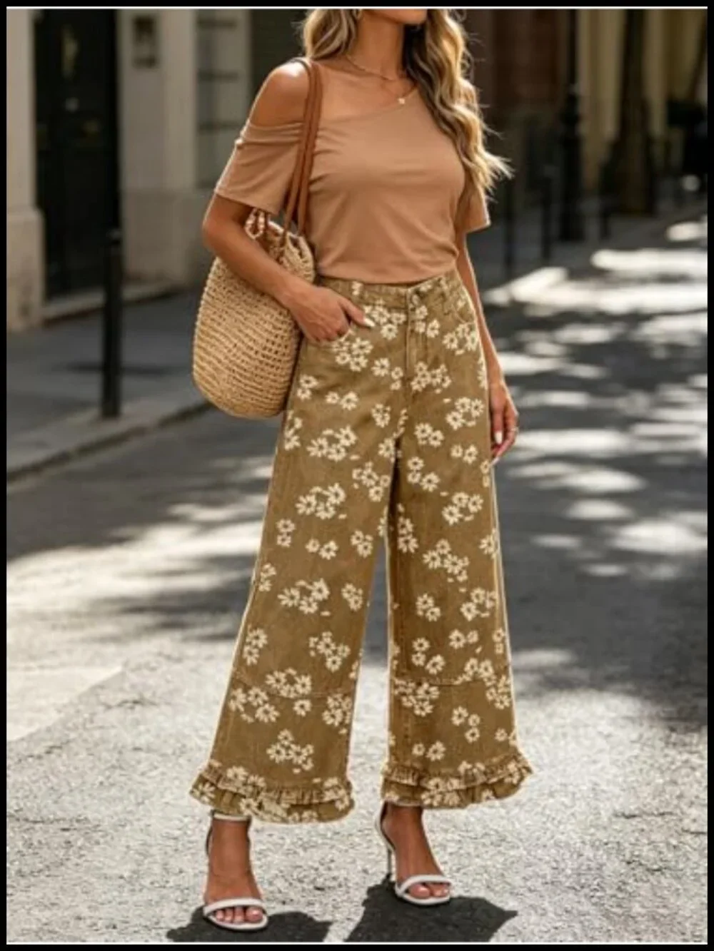 Y2k Crop Ruffle Hem Wide Leg Jeans Baggy Floral Print Patchwork Ankle Denim